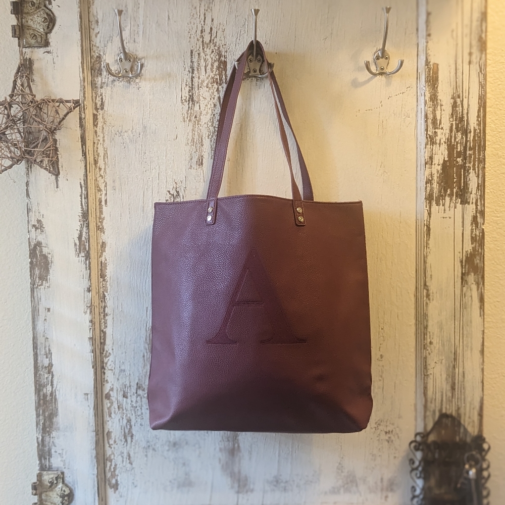 All Around Town Tote Burgundy / Maroon Faux Leather with Monogram "A"